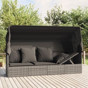 Loungebed met luifel en kussens poly rattan grijs