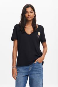 V-hals T-shirt met bloemendessin - BLACK - L