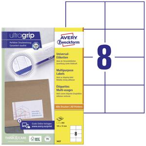 Avery-Zweckform 3427 Universele etiketten 105 x 74 mm Papier Wit 800 stuk(s) Permanent hechtend Inkjet, Laser (zwart/wit), Laser (kleur), Kopiëren (zwart/wit),