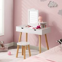 Kaptafelset voor Kinderen 2-In-1 Kaptafel Bureau en Kruk met Afneembare Spiegel 2 Laden Kam Houten Make-Upcommode Wit - thumbnail