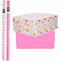 4x Rollen kraft inpakpapier happy birthday pakket - roze 200 x 70 cm