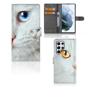 Samsung Galaxy S22 Ultra Telefoonhoesje met Pasjes Witte Kat