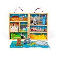 Bigjigs Toys Reisspeelbox - 10 stuks houten speelset met wereldmonumenten en uitklapbare speelmat, peuters en kinderen reisvriendelijk speelgoed, vroege jaren Montessori-set voor kinderen, leeftijd 18