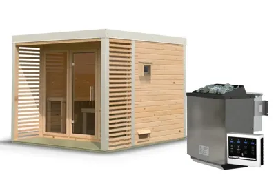 Karibu | Ares 3 Buitensauna | Onbehandeld-Wit | Biokachel 9 kW Externe Bediening