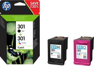 HP 301 originele zwarte/drie-kleuren inktcartridges, 2-pack