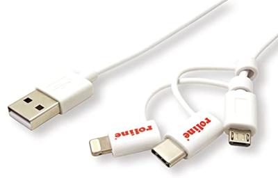 ROLINE USB 2.0 sync & charge kabel type A - type C / 8-pin/USB MicroB, wit, 1 m