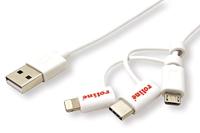 ROLINE USB 2.0 sync & charge kabel type A - type C / 8-pin/USB MicroB, wit, 1 m
