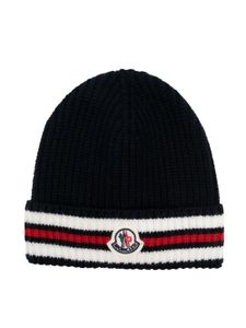 Moncler Enfant logo-patch stripe-detail beanie - Bleu