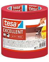 tesa Excellent Afplaktape - schilderstape met dunne papieren drager voor nauwkeurig afplakken - voor alle soorten verf, vernis en beits - geschikt voor binnen - 2x 50 m x 50 mm,Rood