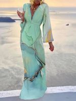 Landscape Print Boho V Neck Long Sleeve Loosen A-line Dress