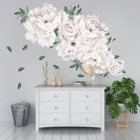 Muursticker - Witte pioen bloemen met groene bladeren