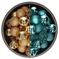 74x stuks kunststof kerstballen mix van turquoise blauw en goud 6 cm - thumbnail