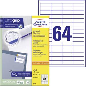 Avery-Zweckform 3667 Universele etiketten 48.5 x 16.9 mm Papier Wit 6400 stuk(s) Permanent hechtend Inkjet, Laser (zwart/wit), Laser (kleur), Kopiëren