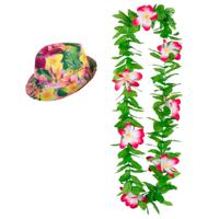 Hawaii thema party verkleedset - Hoedje Tropical print - bloemenkrans groen/roze- Tropical toppers - thumbnail