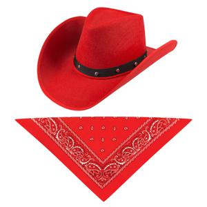 Carnaval verkleedset cowboyhoed Billy Boy - rood - met rode hals zakdoek - voor volwassenen