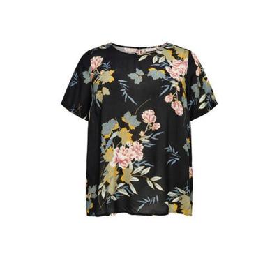 ONLY CARMAKOMA gebloemde geweven top CARLOLLIEMMA zwart/grijsblauw/okergeel