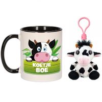 Cadeau set kind - Koe sleutelhanger knuffel 9 cm en Drink mok 300 ml