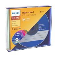 Philips CD-RW High-speed (700 MB / 80 minuten, 4-12x snelheid, 5 stuks gekleurde Slim Line Case, herschrijfbaar / overschrijfbaar)
