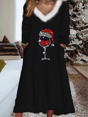 Christmas Wine Glass V Neck Casual Fluff/Granular Fleece Fabric Dress With No Christmas Wine Glass V Neck Casual Fluff/Granular Fleece Fabric Dress With No