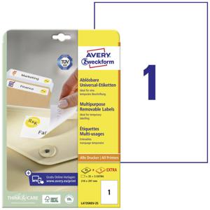 Avery-Zweckform L4735REV-25 Universele etiketten 210 x 297 mm Papier Wit 30 stuk(s) Weer verwijderbaar Inkjet, Laser (zwart/wit), Laser (kleur), Kopiëren