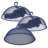 Vliegenkap/voedselkap - 3x - rond - D30 x H15 cm - blauw - buiten eten - anti insecten - metaal