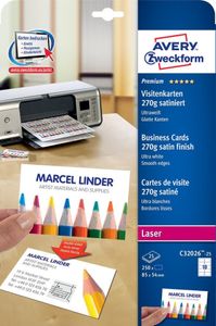 Avery-Zweckform C32026-25 Bedrukbare visitekaarten, gladde kant 85 x 54 mm Ultra-wit 250 stuk(s) Papierformaat: DIN A4