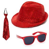 Carnaval verkleed set glitter hoed bril en stropdas rood