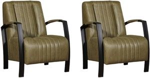 Set van 2 Olijfgroene leren industriële stalen fauteuils Glamour - Vintage Leer Olive (olijfgroen leer)