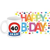 Verjaardag cadeau mok/beker 40 jaar print 300 ml + A5-size wenskaart Happy Birthday