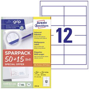 Avery-Zweckform 4781-65 Universele etiketten 97 x 42.3 mm Papier Wit 65 vellen Permanent hechtend Inkjet, Laser (zwart/wit), Laser (kleur), Kopiëren