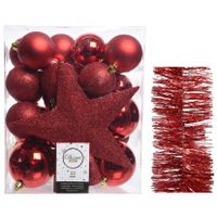 Kerstversiering kerstballen 5-6-8 cm met ster piek en glitter slingers pakket rood van 35x stuks