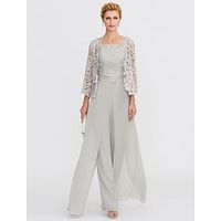 Broek 3-delig pak Moeder van de bruid jurk Formeel Bruiloft gast Elegant Grote maten Vierkante hals Tot de grond Chiffon Geribd kant Mouwloos Wrap inbegrepen met Kant Appliqués 2024 Lightinthebox - thumbnail