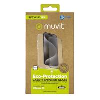 Muvit For Change Beschermhoes compatibel met Apple iPhone 16 +, beschermfolie van gehard glas, plat, zwart frame