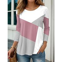 Dames T-shirt Kleurenblok Afdrukken Dagelijks Casual Lange mouw Strakke ronde hals Blozend Roze Lente Herfst Lightinthebox