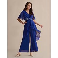 chiffon bruiloftsgast pailletten geborduurde jumpsuit met flare manchetten en v-hals