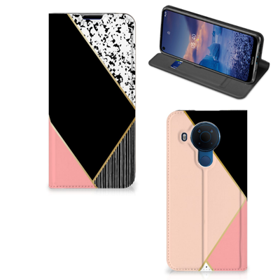 Nokia 5.4 Stand Case Zwart Roze Vormen Nokia 5.4 Stand Case Zwart Roze Vormen