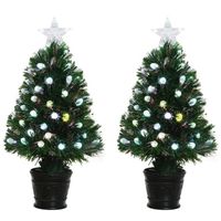 2x Groene glasvezel kunstkerstbomen 90 cm met LED knipperende lampjes - thumbnail