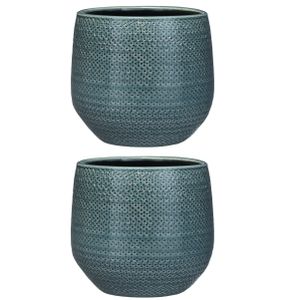 Set van 2x stuks bloempotten midnight blauw ribbels keramiek voor kamerplant H19 x D21 cm