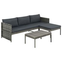 3-delige Loungeset met kussens poly rattan grijs - thumbnail