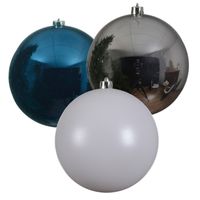 3x stuks grote kerstballen van 20 cm glans van kunststof zilver blauw en wit