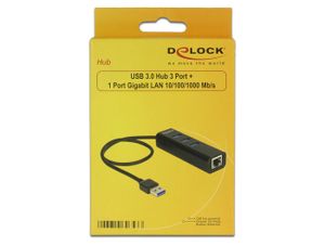 Delock 62653 USB 3.0-hub 3-poorts + 1-poorts Gigabit LAN 10/100/1000 Mbps