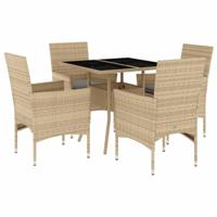 vidaXL 5-delige Tuinset met kussens poly rattan en glas beige, loungeset, loungeset tuin, loungeset buiten, tuintafel, terrasset, tuinset lounge