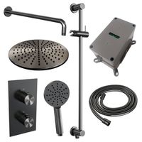 Regendoucheset Inbouw Brauer Gunmetal Edition Thermostatisch 30 cm met 3-Weg Omstelling, Gebogen Wandarm, Glijstang en 3-Standen Handdouche Geborsteld - thumbnail