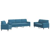 vidaXL 3-delige Loungeset met kussens en bolsters fluweel blauw, bankstel, bank, zitbank, bankenset, loveseat, fauteuil, relaxfauteuil, leunstoel