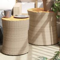 Tuinbijzettafels 2 st met houten blad poly rattan beige - thumbnail