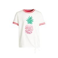 WE Fashion T-shirt met contrastbies wit/rood/groen