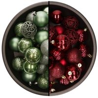 74x stuks kunststof kerstballen mix van salie groen en donkerrood 6 cm - thumbnail