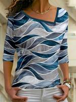 Geometric Long Sleeve Asymmetrical Neck Plus Size Casual Tops