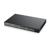 Zyxel 48-poorts Gigabit PoE-switch | Smart managed | Rekmontage | 24 PoE+-poorten met 170 Watt totaal vermogen en 2 SFP-poorten | VLAN, IGMP, QoS| levenslange garantie [GS1900-48HPv2]
