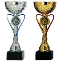 Luxe trofee/prijs beker - zilver/blauw hart - goud/rood hart - metaal - 20 x 8 cm